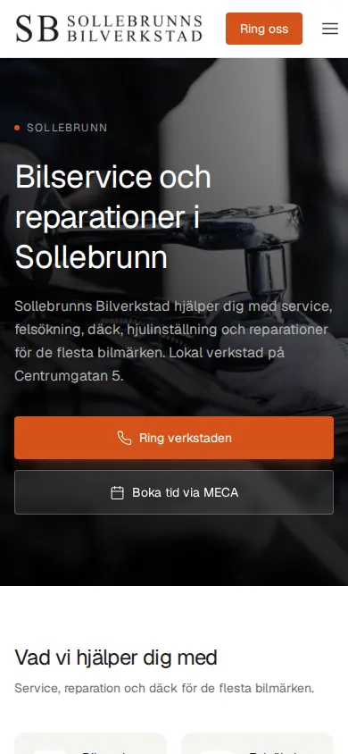 Skärmdump av Sollebrunns Bilverkstads hemsida i mobilen